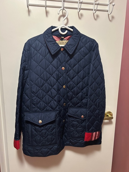 Burberry Jackets & Blazers - Burberry Navy Quilted Coat with Red Accent Trim